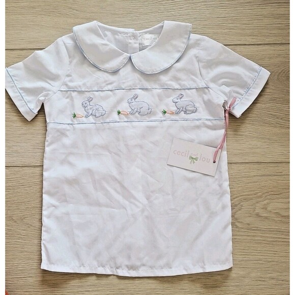 Cecil And Lou Applique Bunny Shirt 5 White Blue Peter‎ Pan Collar Button Back - Picture 1 of 11